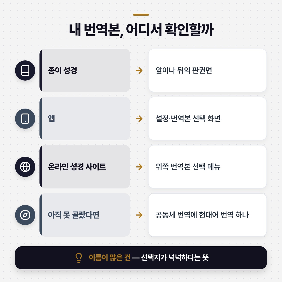 「내가 만난 번역본이 뭔지 확인하는 법, 그리고 이제 이렇게 하시면 돼요」 대목을 설명하는 그림
